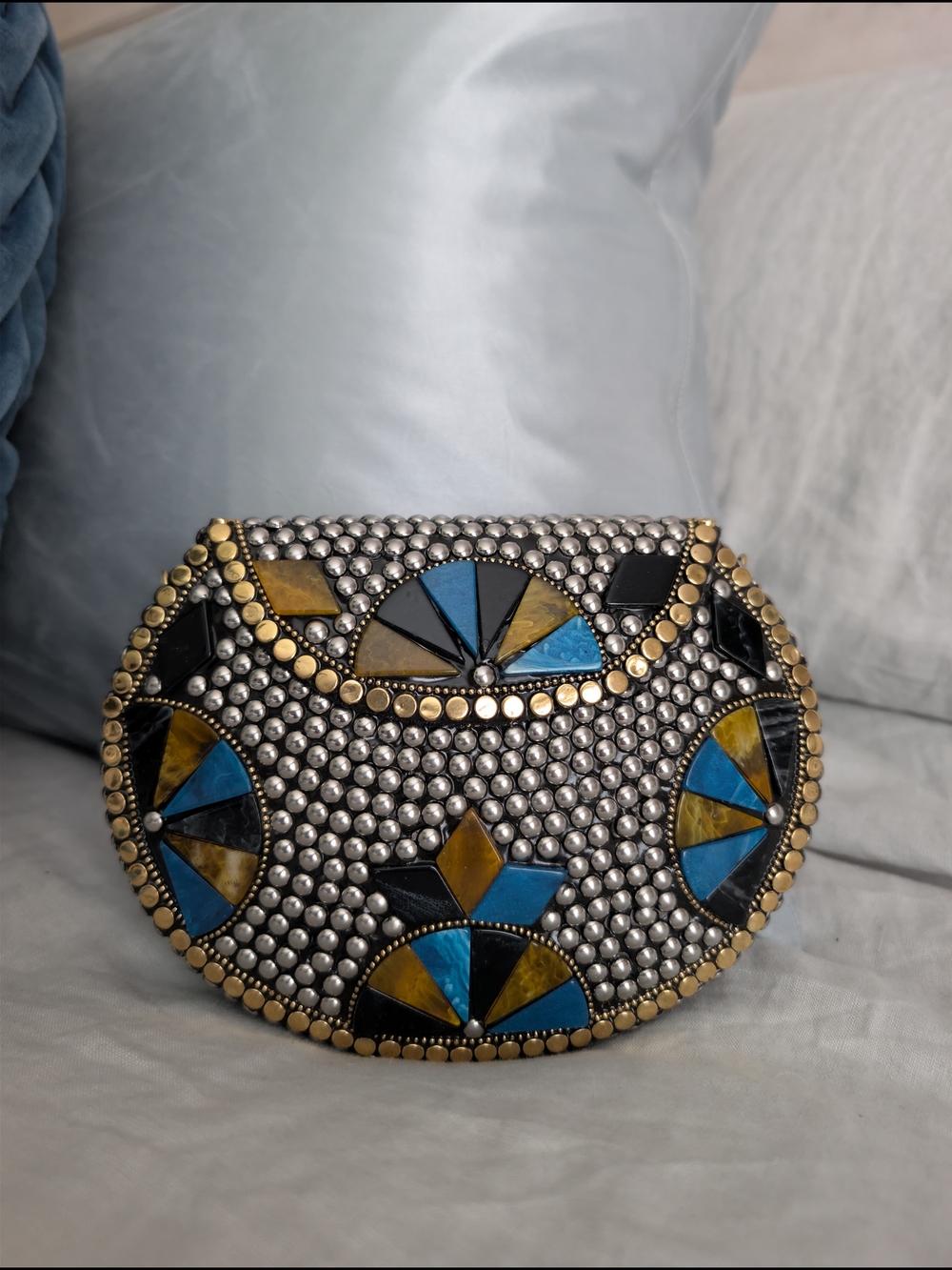 ​RAMLA Handmade Brass Studded Mosaic Stone Clutch Crossbody Bag Evening NEW